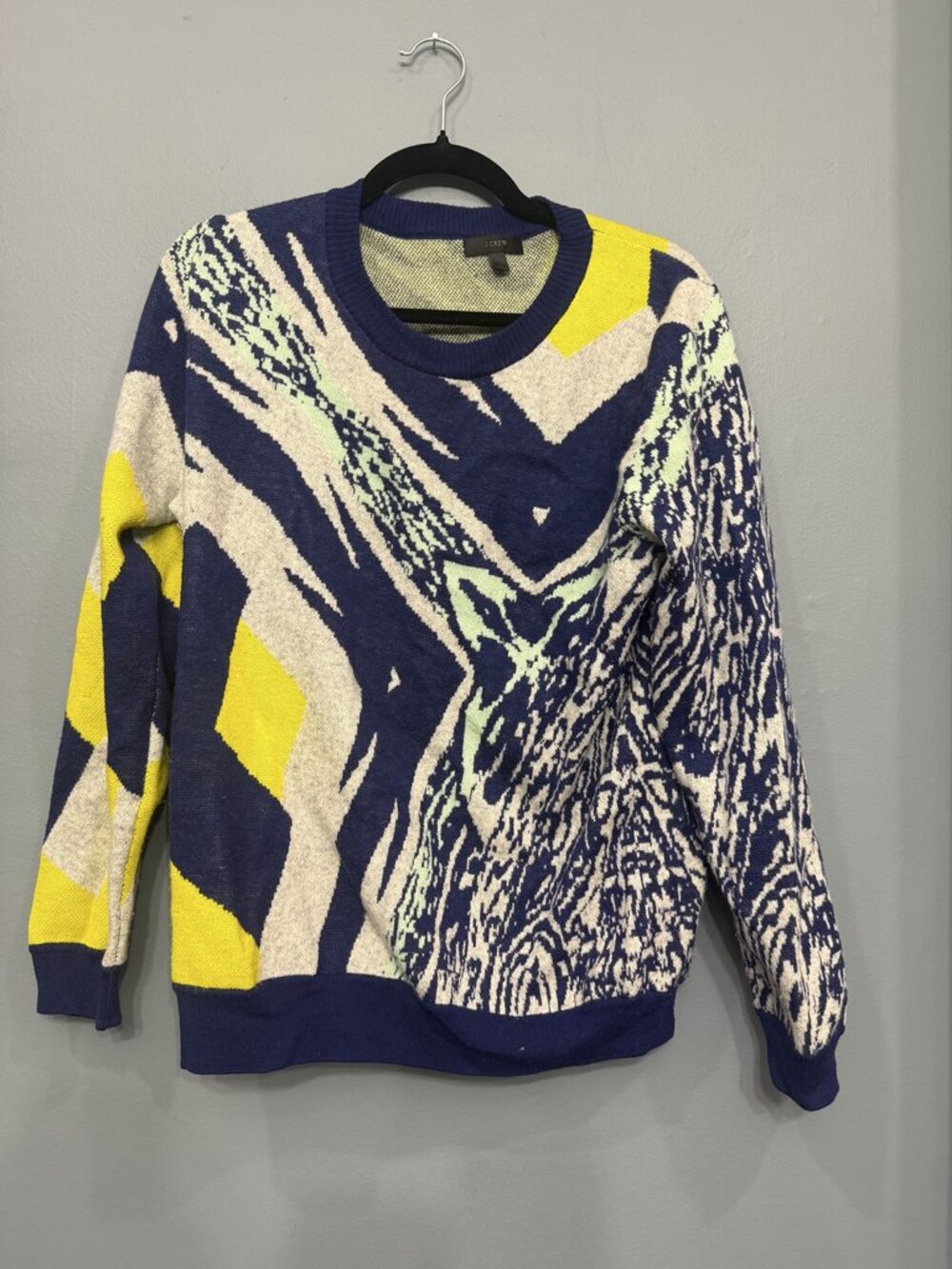 J.Crew Navy Yellow Cream Abstract Graphic Intarsia Crewneck Pullover Sweater L